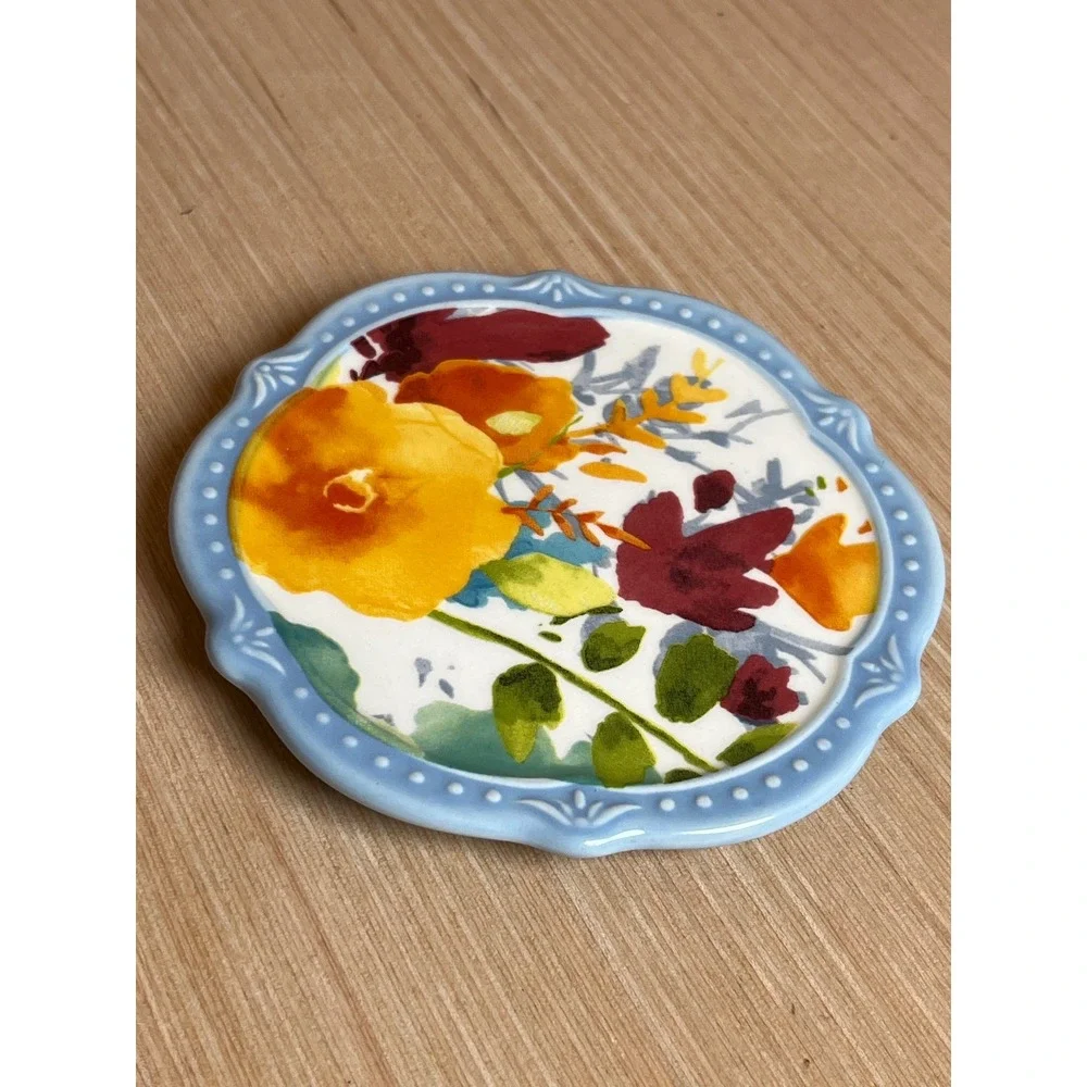 Pioneer Woman Stoneware Coaster Set/4 Floral Scalloped Edge Cork Back Farmhouse